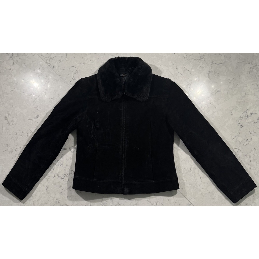 Sonoma Jean Company Leather Jacket Womens Small Black Faux Fur Collar Full Zip